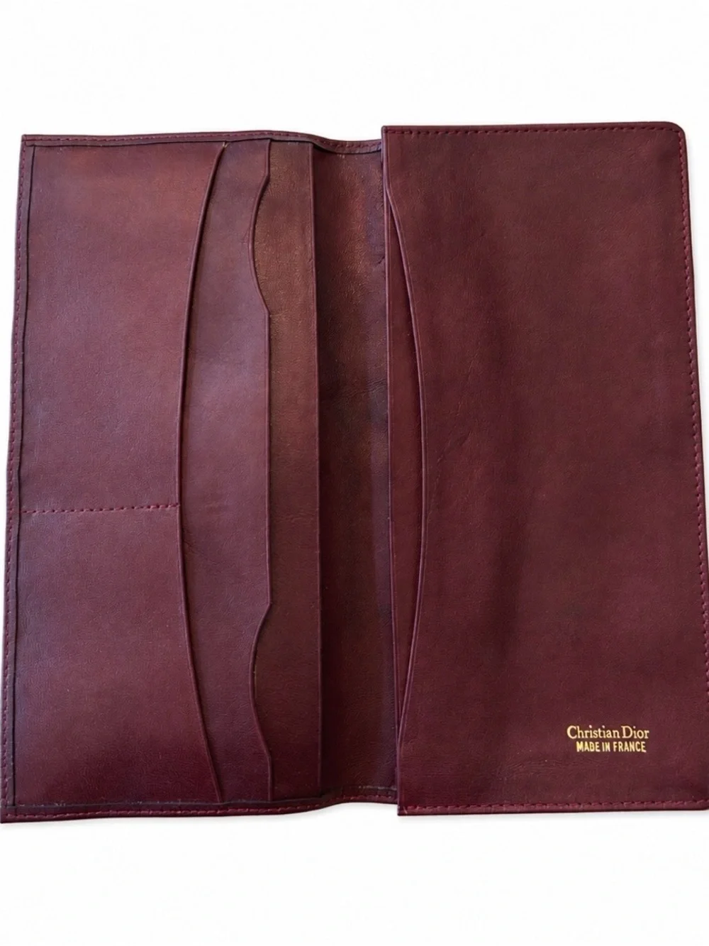Vintage Christian Dior CD Logo Burgundy Leather Long Wallet Made in France